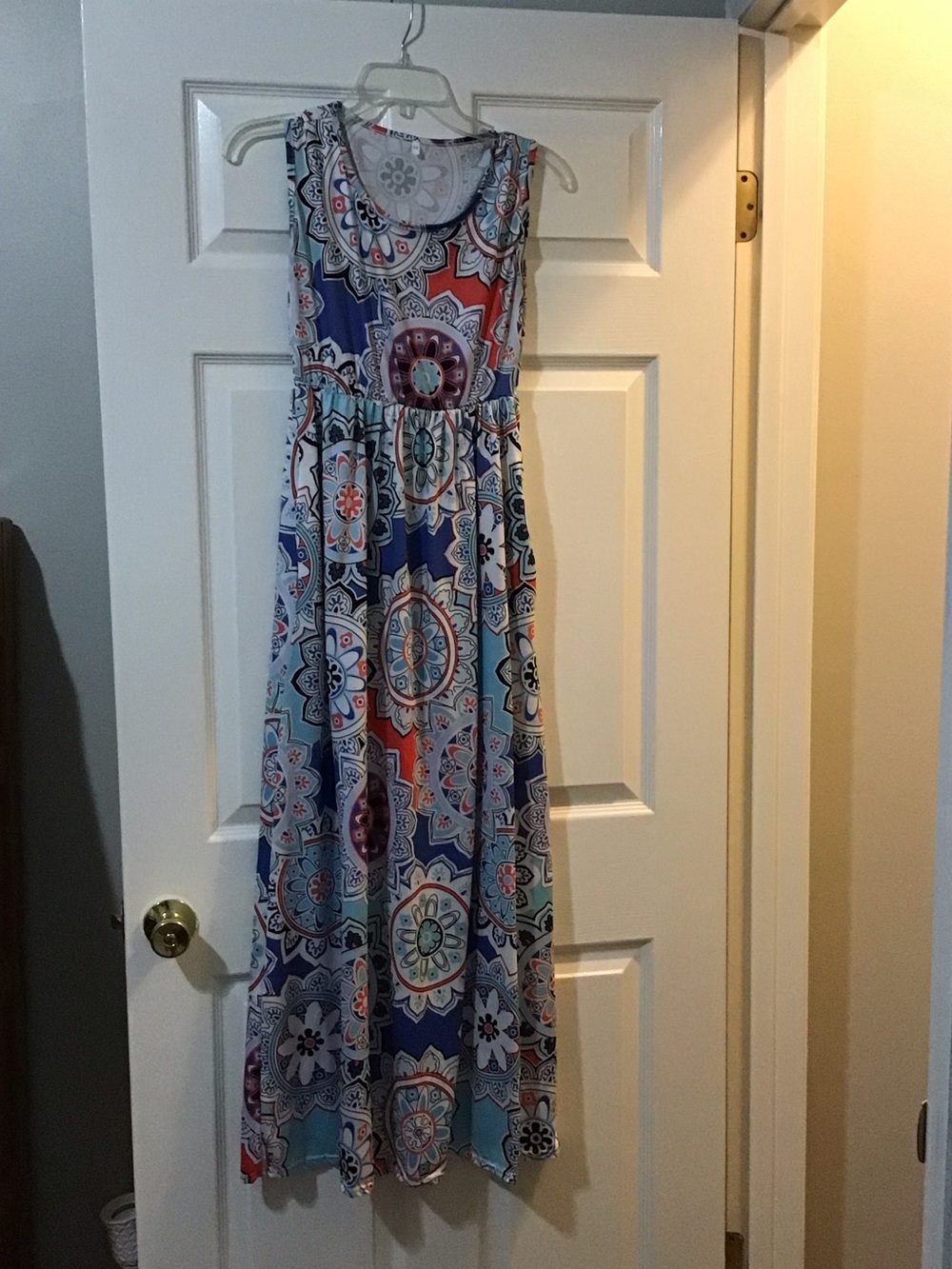 Sleeveless Blue & Coral Printed Maxi Dress